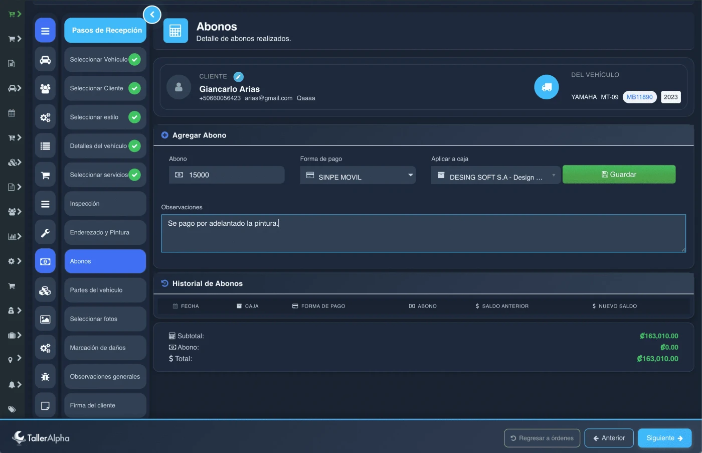 Agregar abono en recepción digital para taller de motos