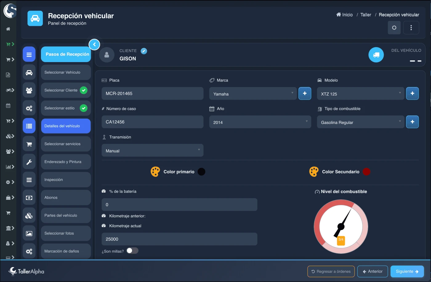Ficha técnica de moto con placa VIN kilometraje y combustible
