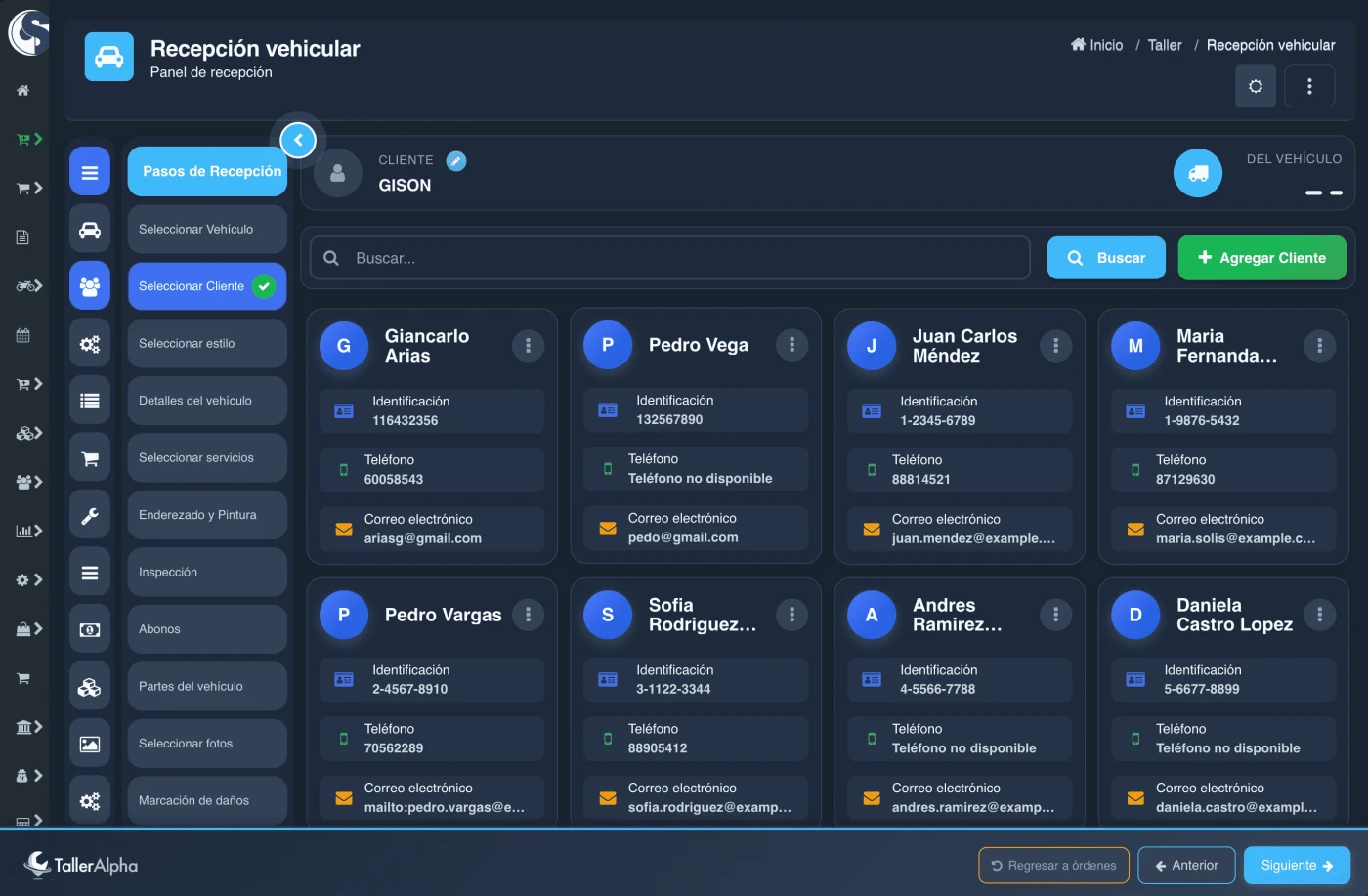 Elegir o crear cliente en recepción digital de taller de motos
