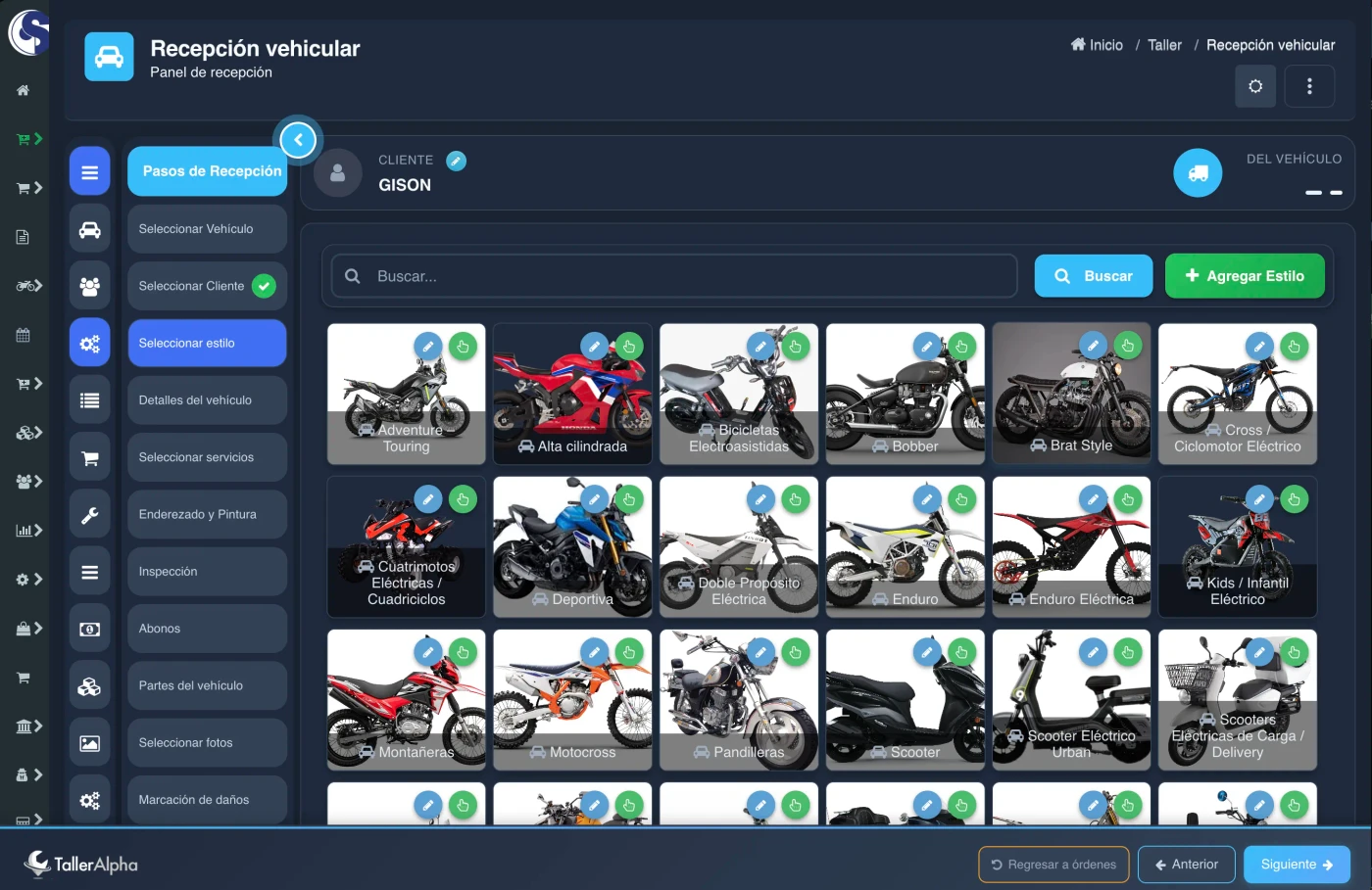 Elegir estilo de motocicleta en software para taller de motos