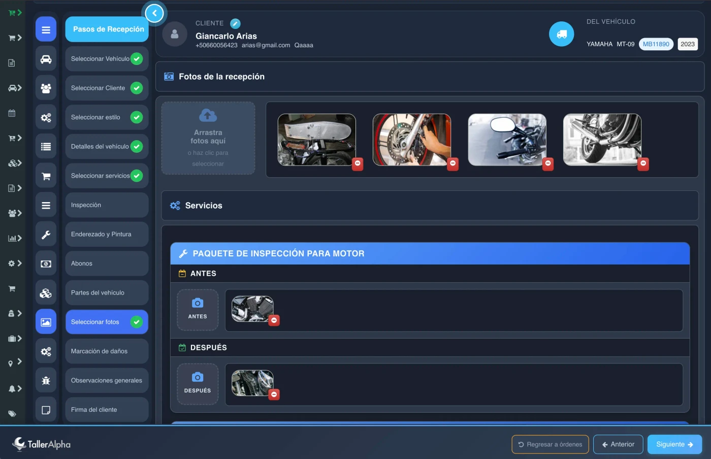 Evidencia fotográfica en recepción digital para taller de motos