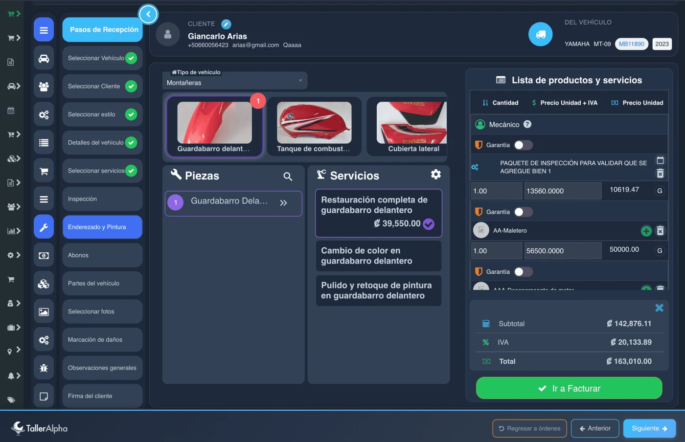 Revisión de pintura y carrocería de moto en orden de servicio