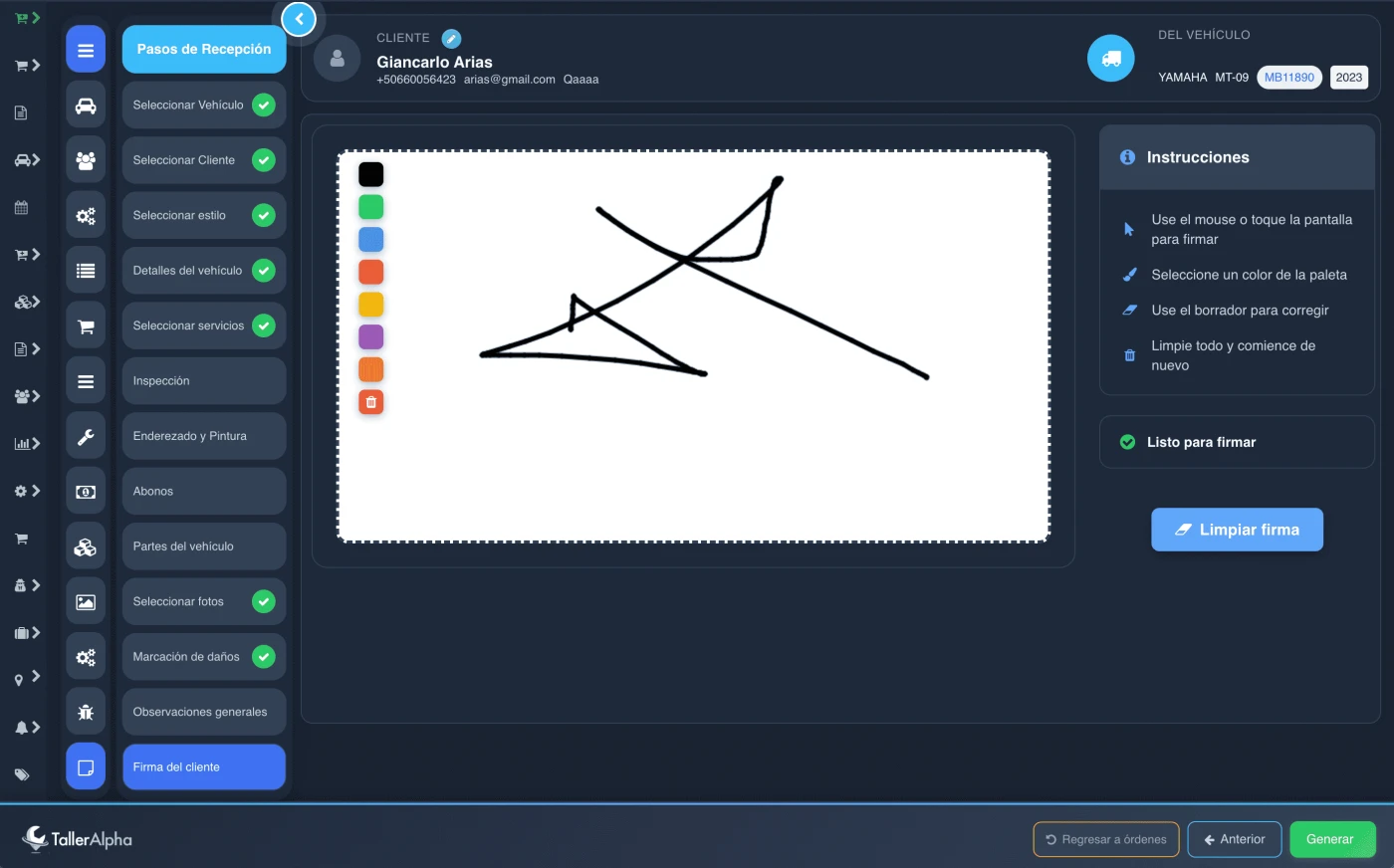 Firma digital del cliente en orden de servicio para motos