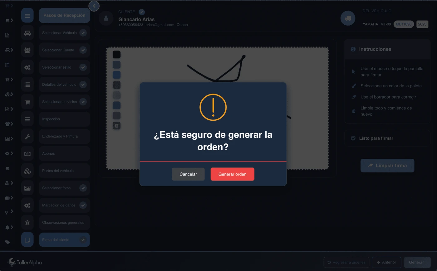 Generar orden de trabajo en software para taller de motos