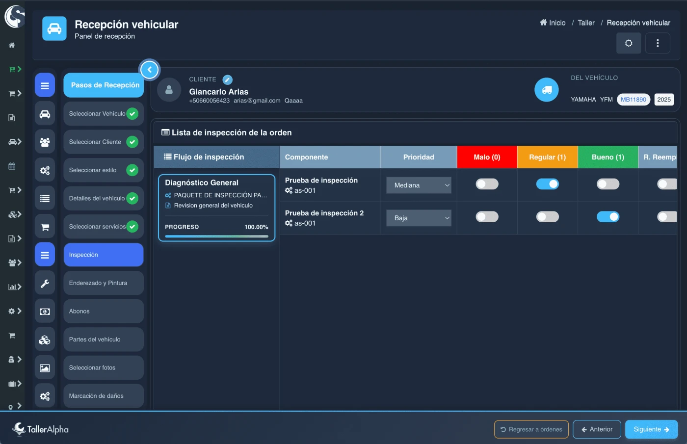 Lista de inspección para recepción de motos en taller mecánico