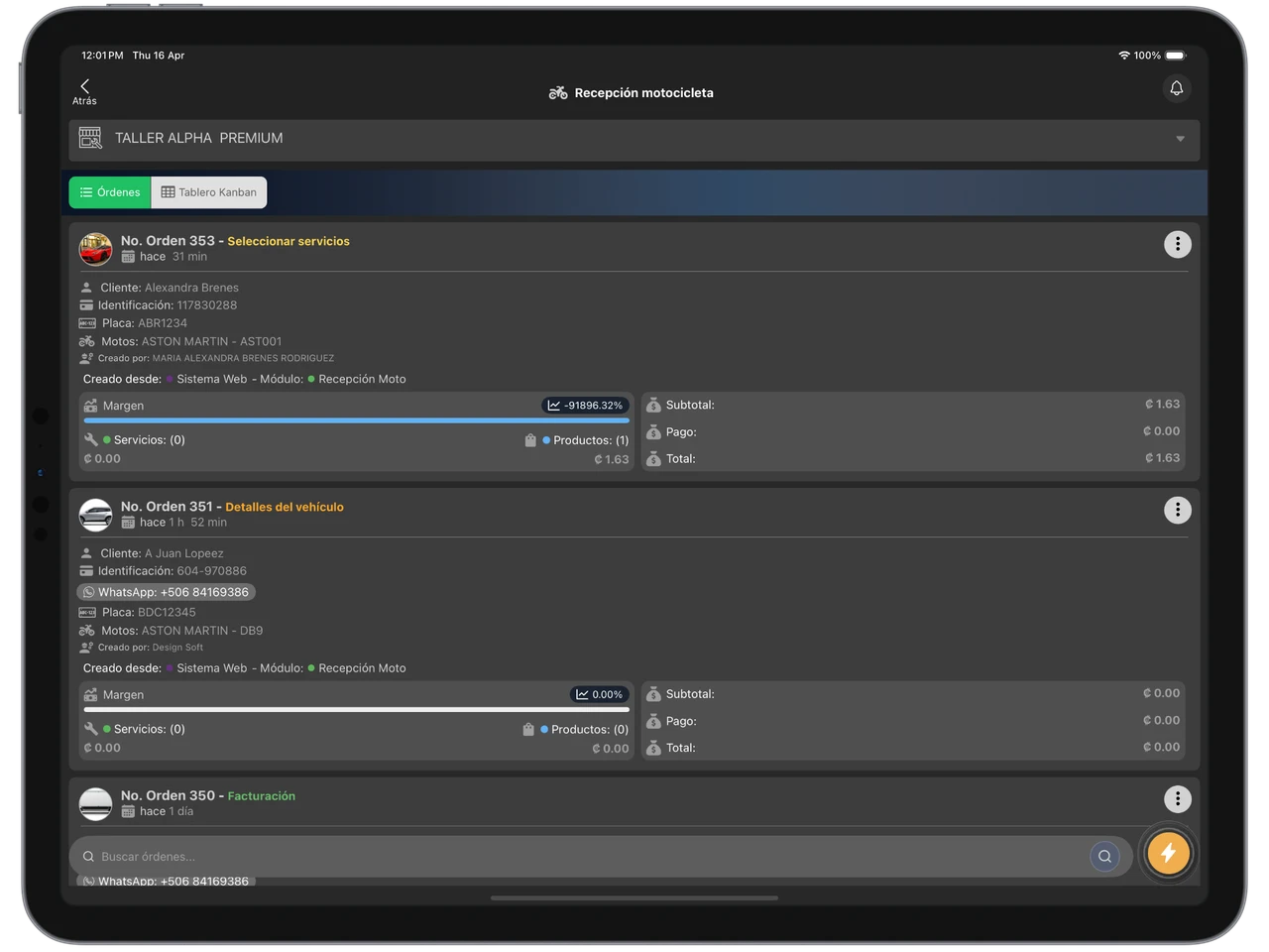 Lista de órdenes de trabajo en software para taller de motos