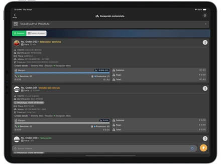 Lista de órdenes de trabajo en software para taller de motos