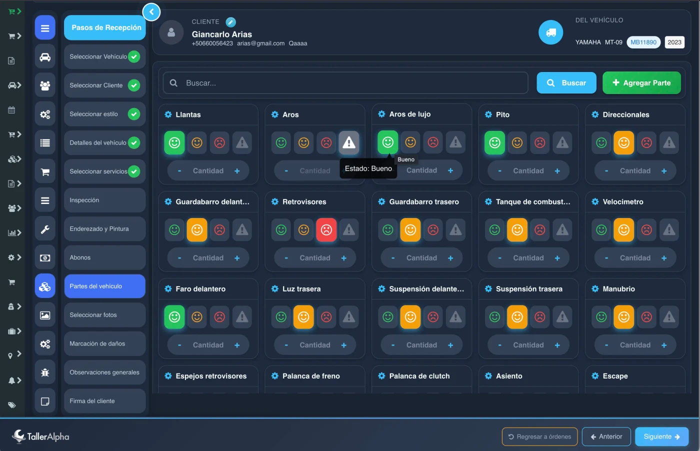 Control de partes de motocicleta en recepción digital