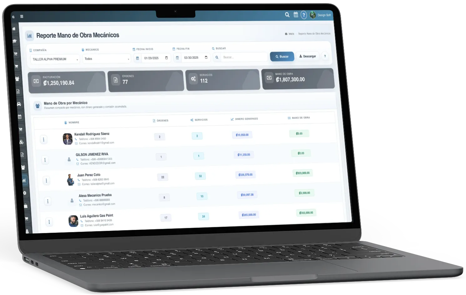 Reporte de mano de obra por mecánico en taller de motos