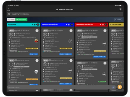 Tablero Kanban de órdenes de trabajo para taller de motos