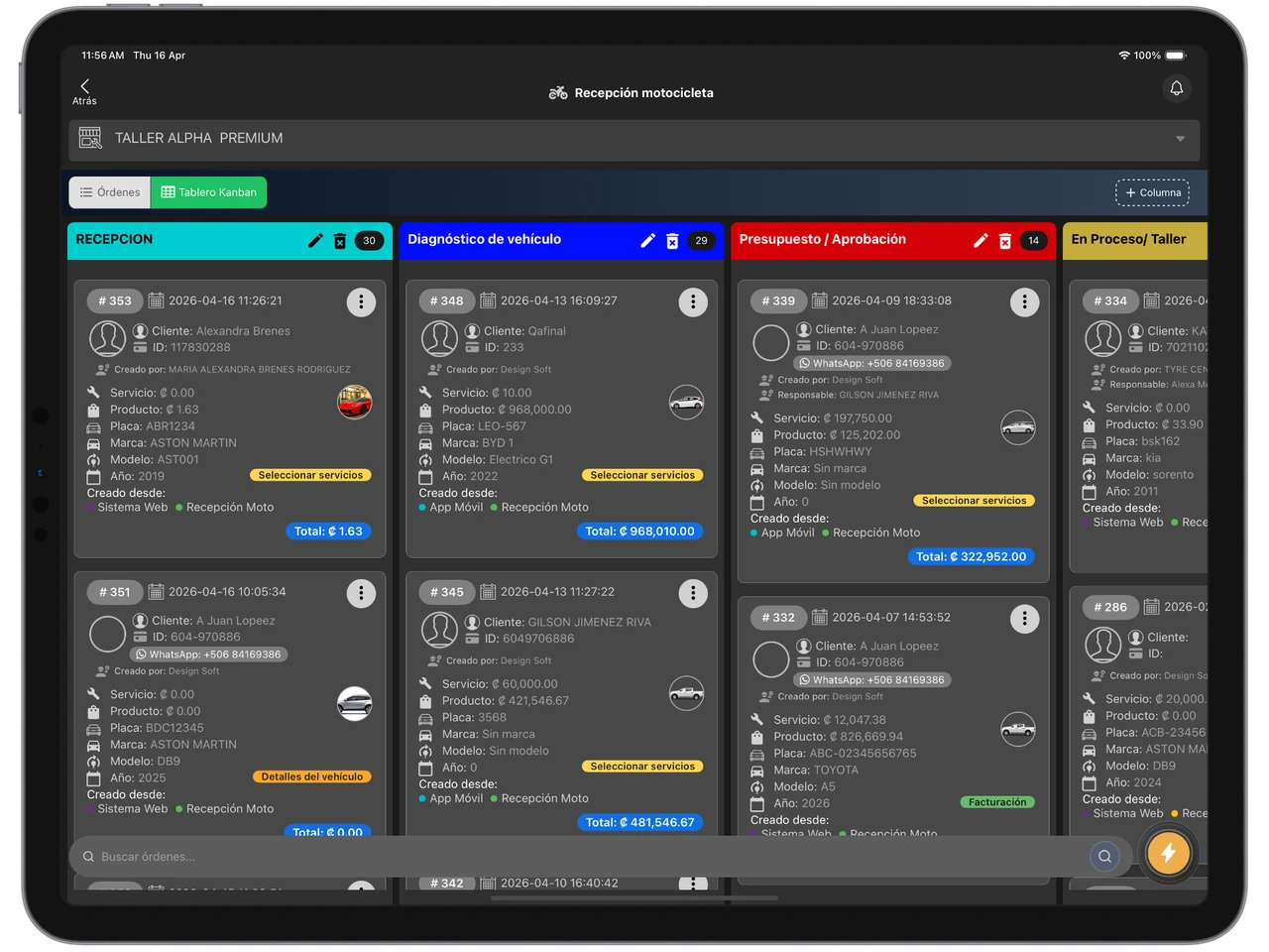Tablero Kanban de órdenes de trabajo para taller de motos