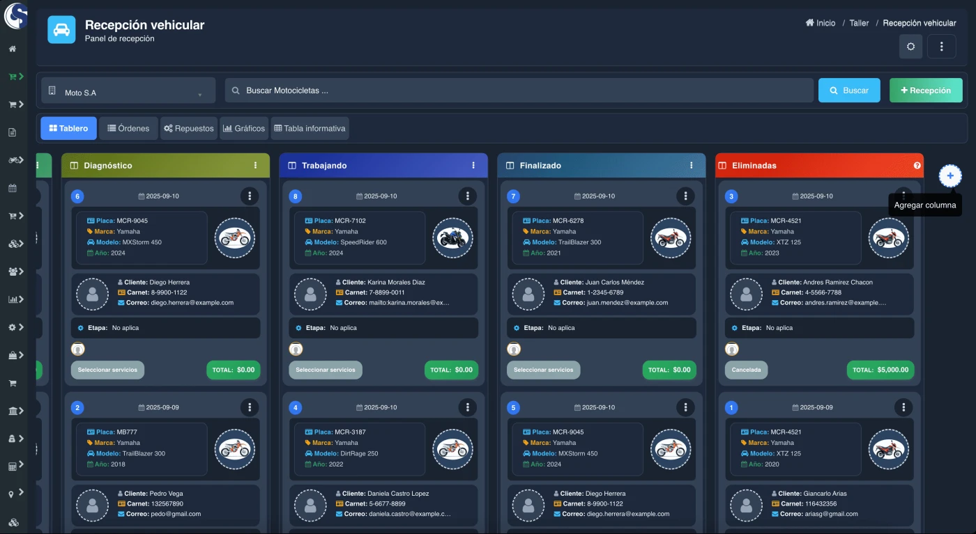 Agregar columna personalizada en tablero Kanban para taller de motos