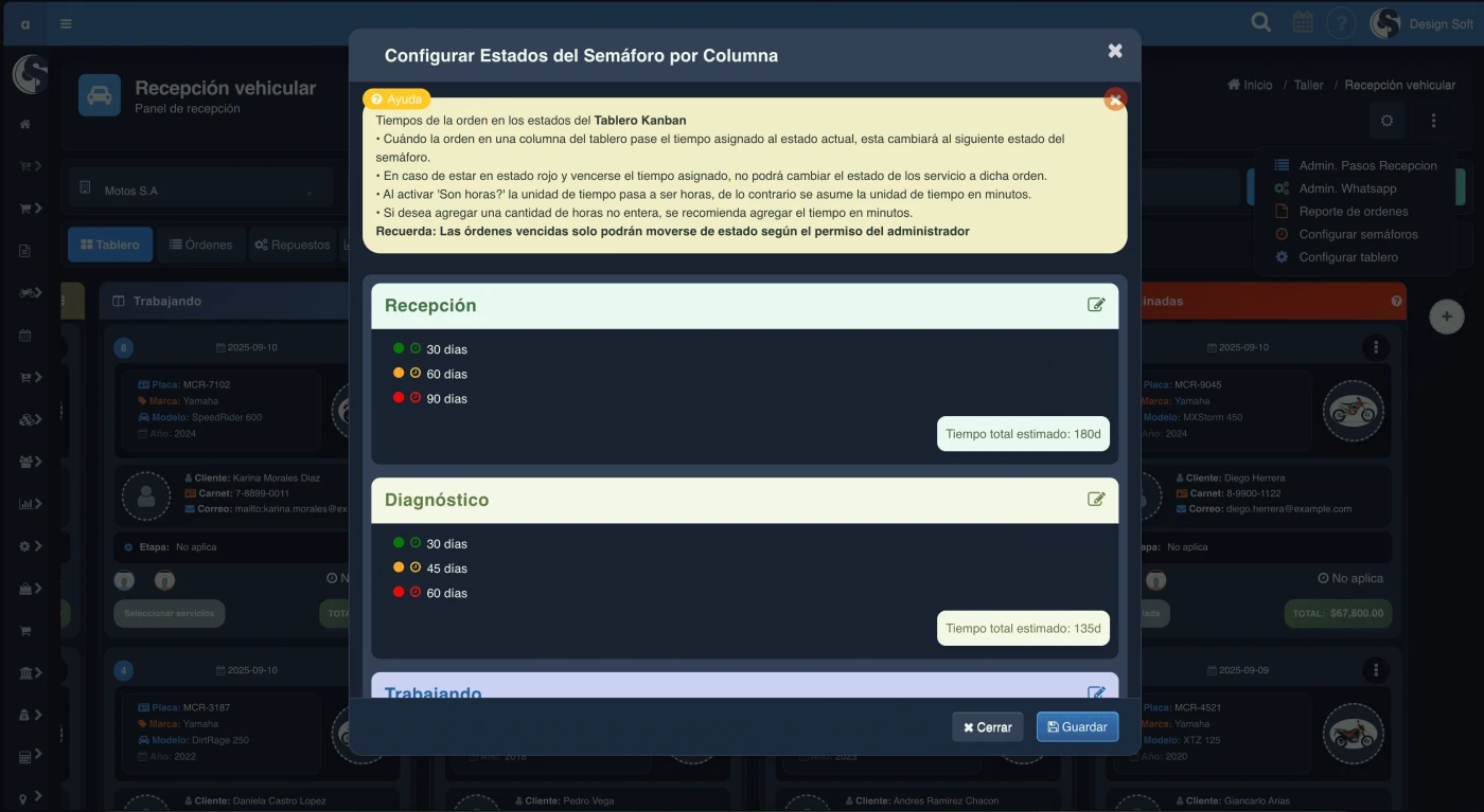 Semáforo de tiempo en tablero Kanban de órdenes para taller de motos