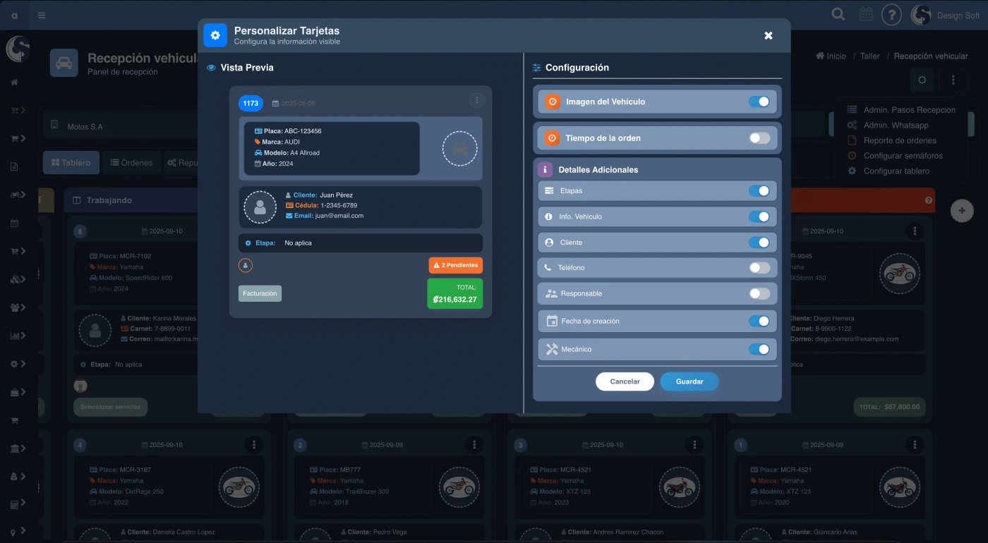 Personalizar tarjetas del tablero Kanban para taller de motos